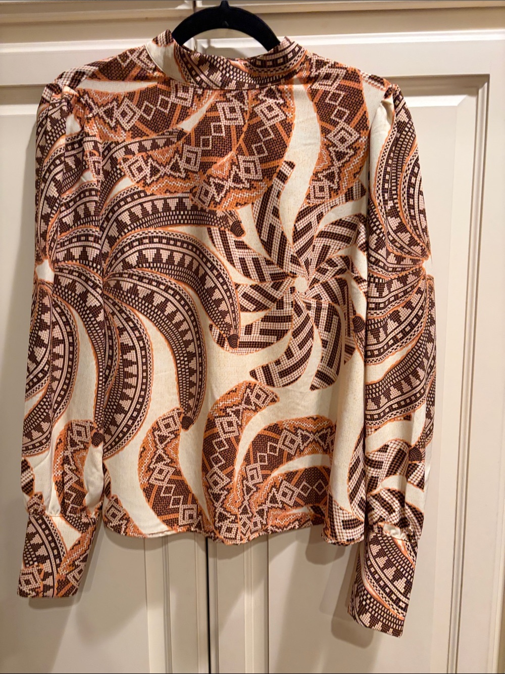 Rachel Zoe Geo Mock-Neck Blouse in Cream and Brown